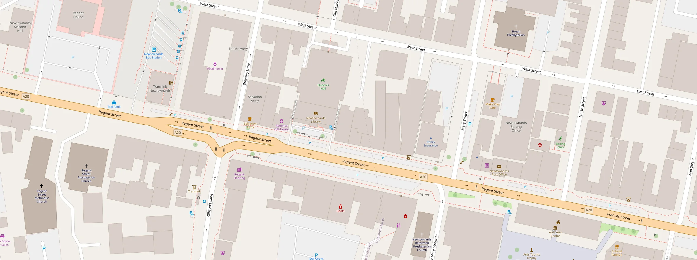 Street map of Newtownards with Regent Orthodontics marked on 11/11A Regent Street