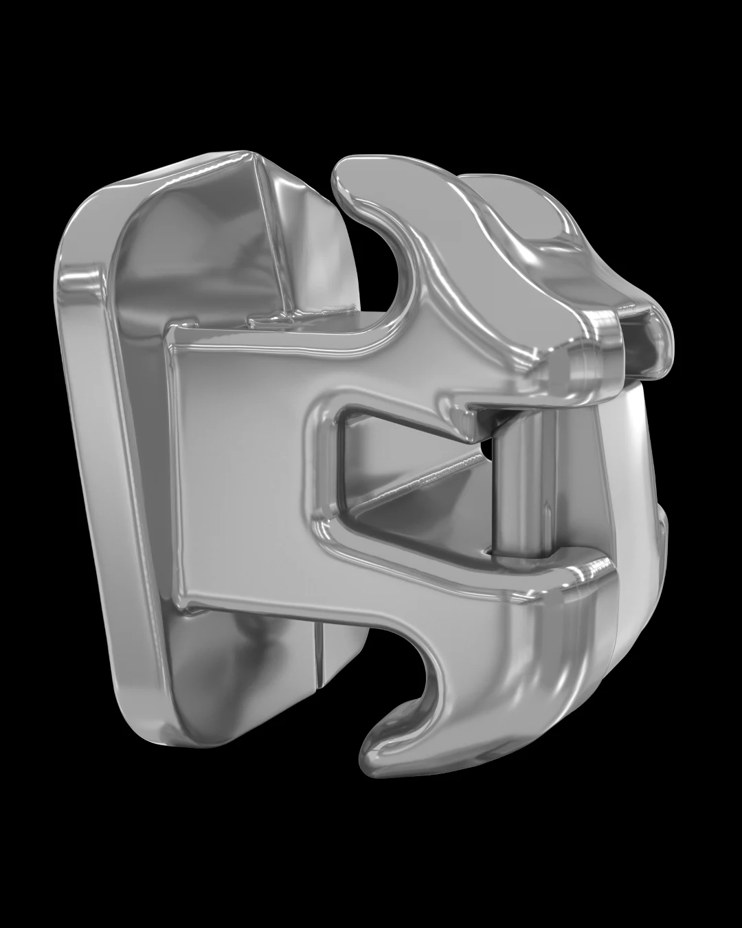 A polished steel self-ligating orthodontic bracket, its sliding door and tie wings visible, lit against black